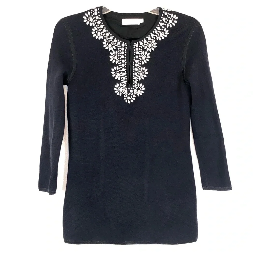 Tory Burch Navy Blue Beaded Long Sleeve Tunic Sweater XS